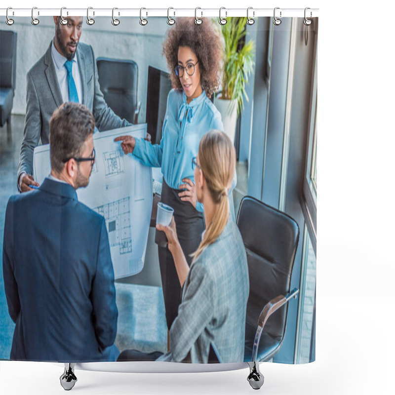 Personality  Multicultural Businesspeople Looking At Blueprint In Office Shower Curtains