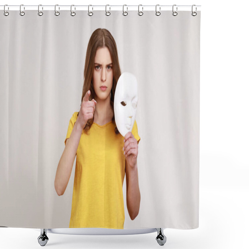 Personality  Angry Annoyed Teenager Girl With Brown Hair In Yellow Casual T-shirt Pointing Finger On You Holding White Mask In Hand, Blaming You In Duplicity. Indoor Studio Shot Isolated On Gray Background. Shower Curtains