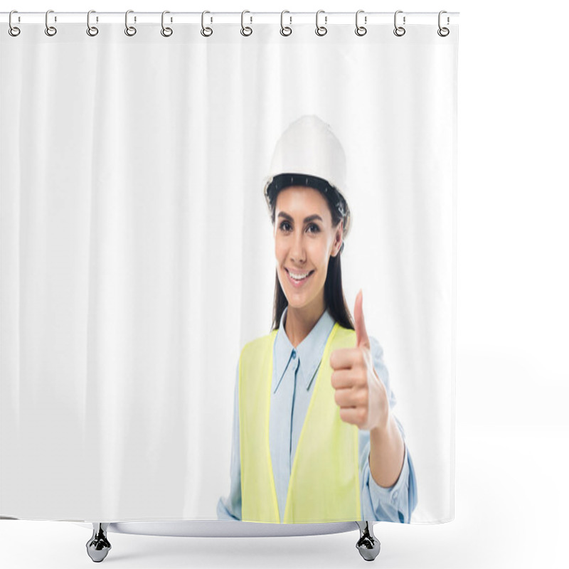 Personality  Smiling Engineer In Hardhat Showing Thumb Up Isolated On White Shower Curtains