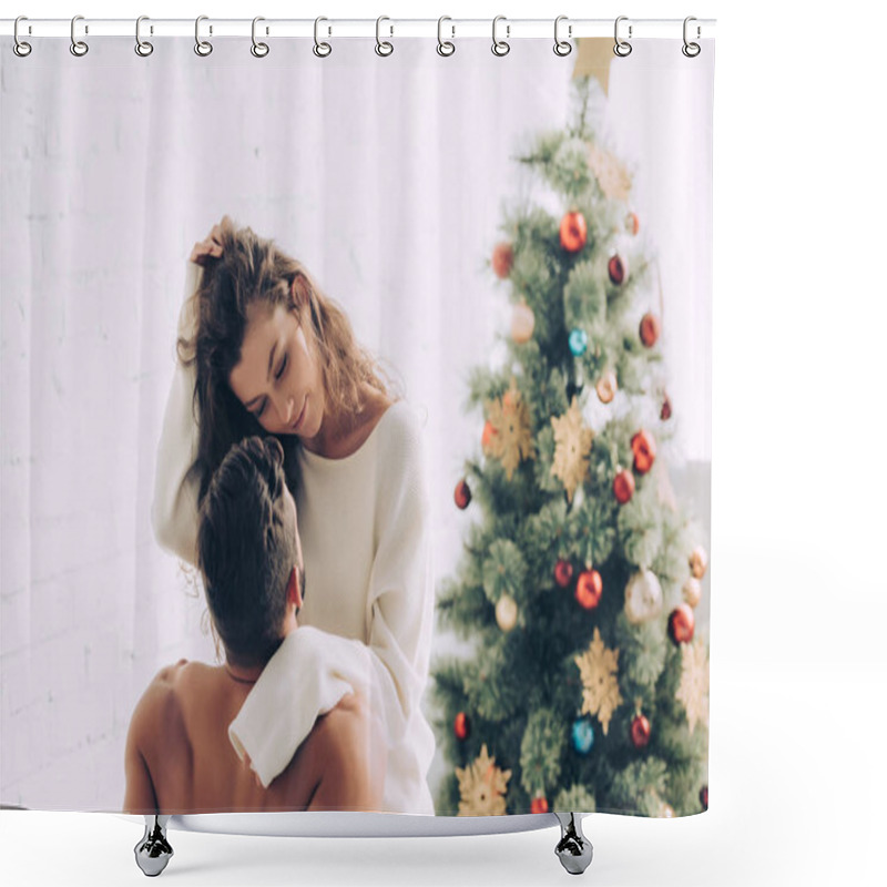 Personality  High Angle View Of Pretty Curly Girl Embracing Shirtless Boyfriend In Bedroom At Home  Shower Curtains