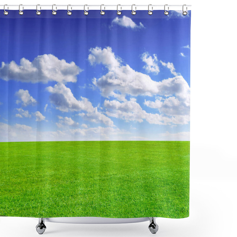 Personality  Green Meadow And Blue Sky With Fluffy Clouds Shower Curtains