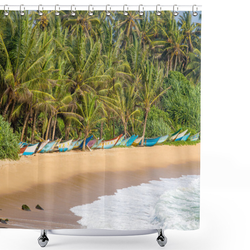 Personality  Tropical Beach With Exotic Palm Trees And Wooden Boats On The Sand In Mirissa, Sri Lanka Shower Curtains