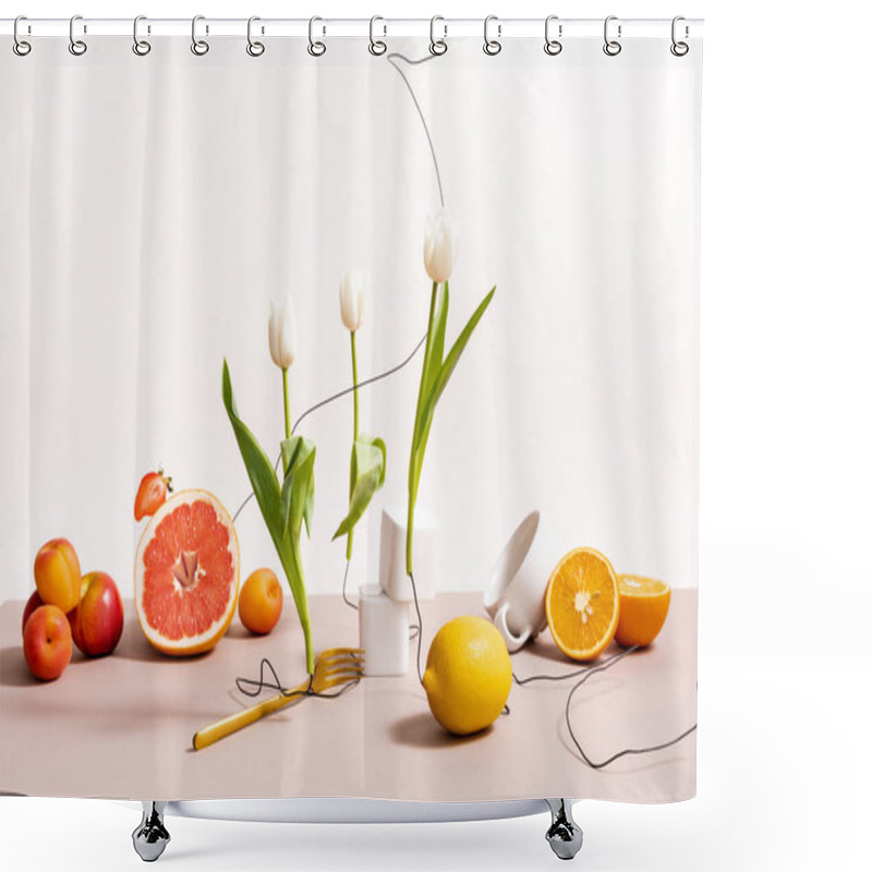 Personality  Floral And Fruit Composition With Tulips, Fruits, Dishware Isolated On Beige Shower Curtains