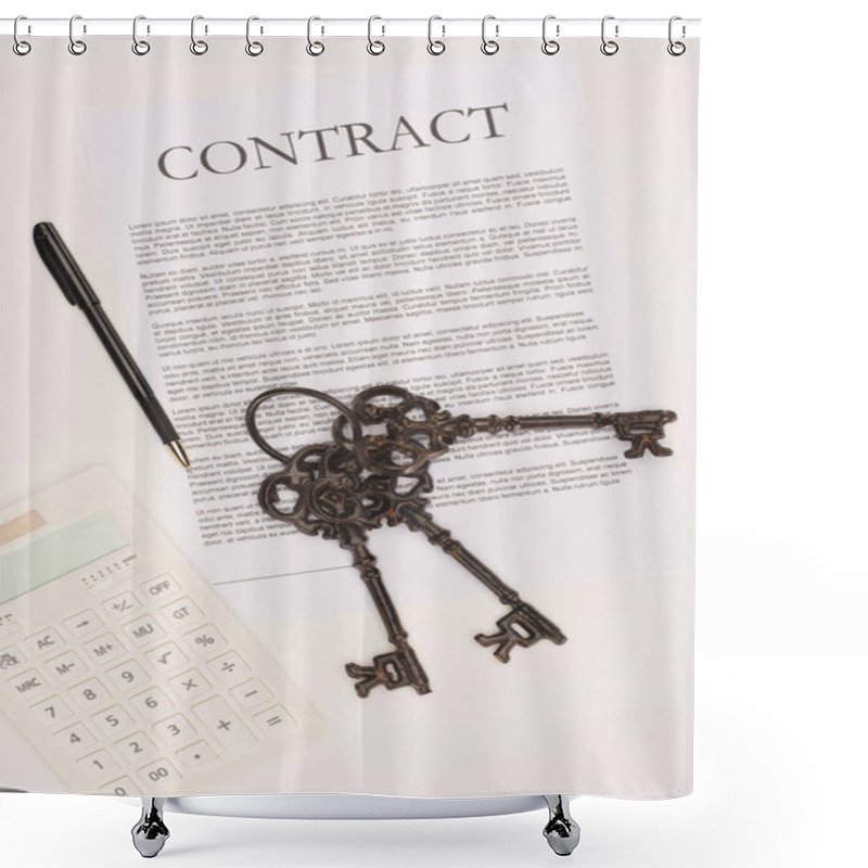 Personality  Top View Of Contract With Keys, House Buying Concept Isolated On White Shower Curtains