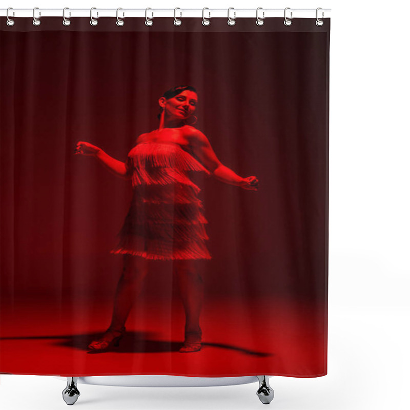 Personality  Smiling, Elegant Dancer Performing Tango On Dark Background With Red Illumination Shower Curtains