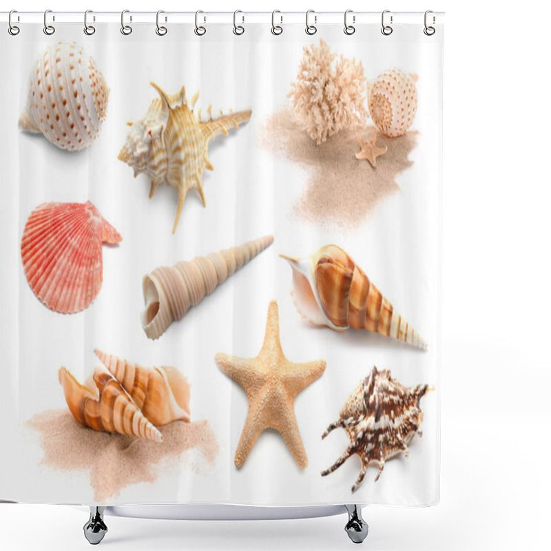 Personality  Different Seashells With Starfishes And Coral On White Background Shower Curtains