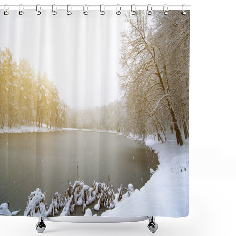 Personality  Winter Landscape With River Or Lake Shower Curtains