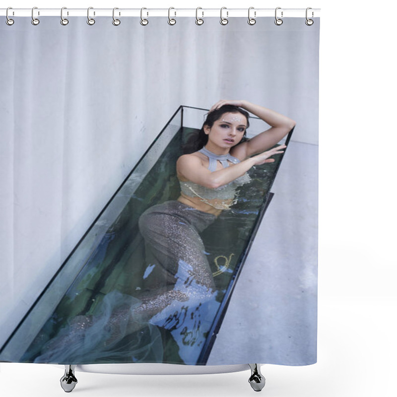 Personality  A Young Woman With Brunette Hair Poses As A Mermaid In A Rectangular Aquarium, Her Shimmering Tail Catching The Light. Shower Curtains