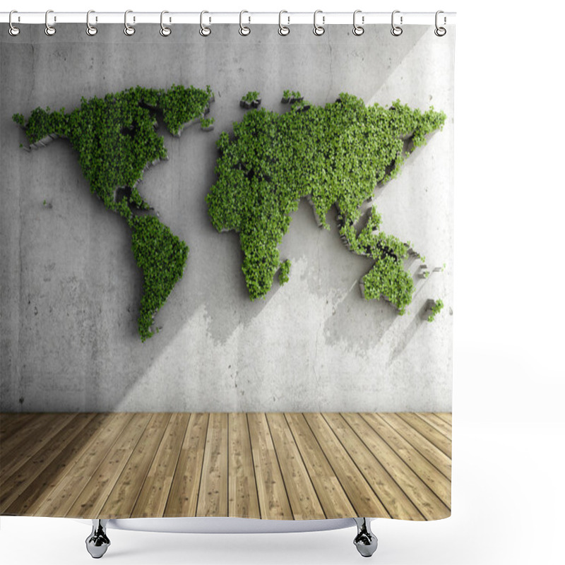 Personality  Concrete Wall In Interior Of Room With Vertical Garden In Form Of World Map. 3D Illustration. Shower Curtains