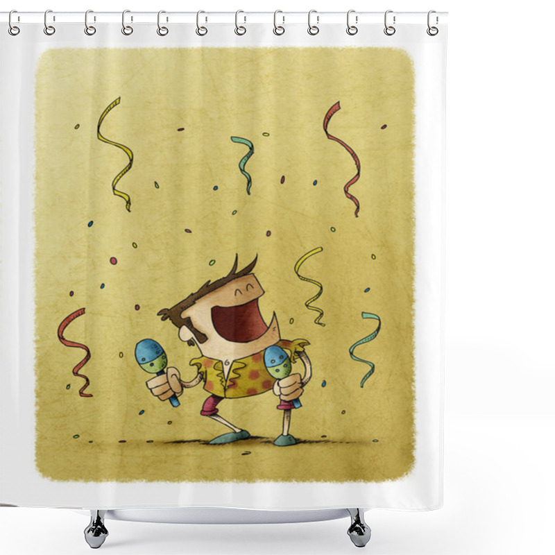 Personality  Funny Illustration Of A Man Dancing And Playing The Maracas. Celebration Concept. Shower Curtains