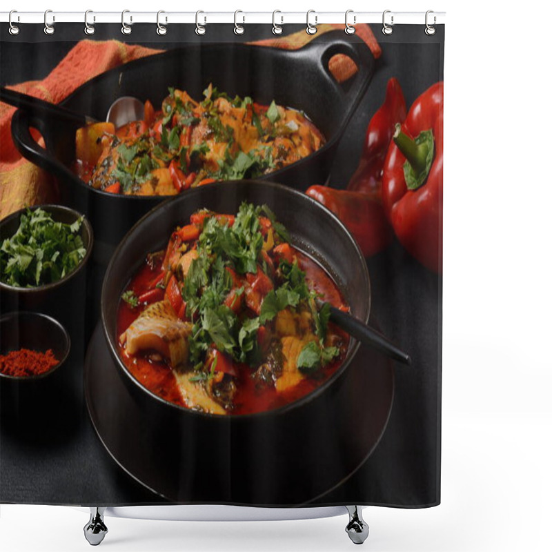 Personality  Moroccan Fish  With Chermoula, Red Peppers And Preserved Lemon. Spicy Traditional  Moroccan Food Shower Curtains