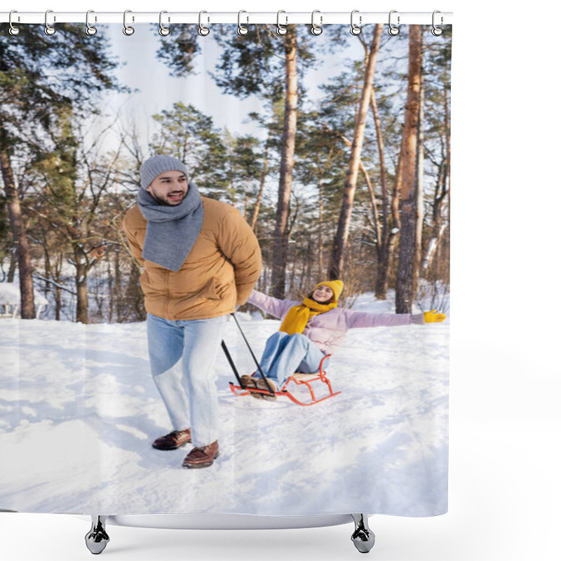 Personality  Smiling Man Pulling Sleigh With Girlfriend In Winter Park  Shower Curtains