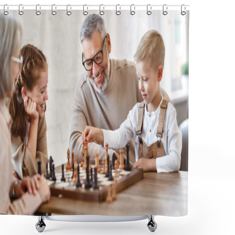 Personality  Joyful Children Brother And Sister Playing Chess While Sitting In Living Room With Senior Grandparents While Spending Time Together On Weekend, Kids Sitting At Table With Chessboard And Smiling Shower Curtains