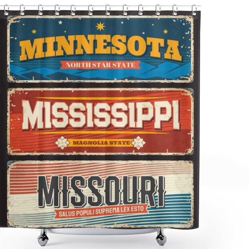 Personality  USA Mississippi, Minnesota And Missouri America States Plates And Vector Retro Signs. US American State Rusty Metal Plates With City Motto And Taglines, USA Landmarks Flags And Grunge Signage Shower Curtains