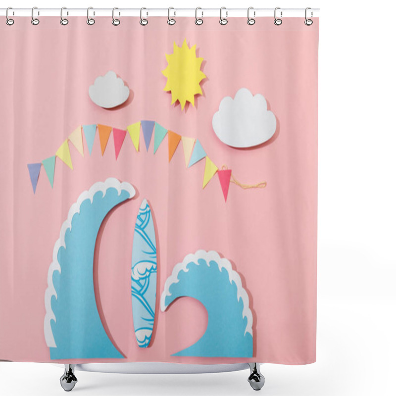 Personality  Top View Of Paper Cut Sun, Clouds, Flags, Surfboard And Sea Waves On Pink Background Shower Curtains