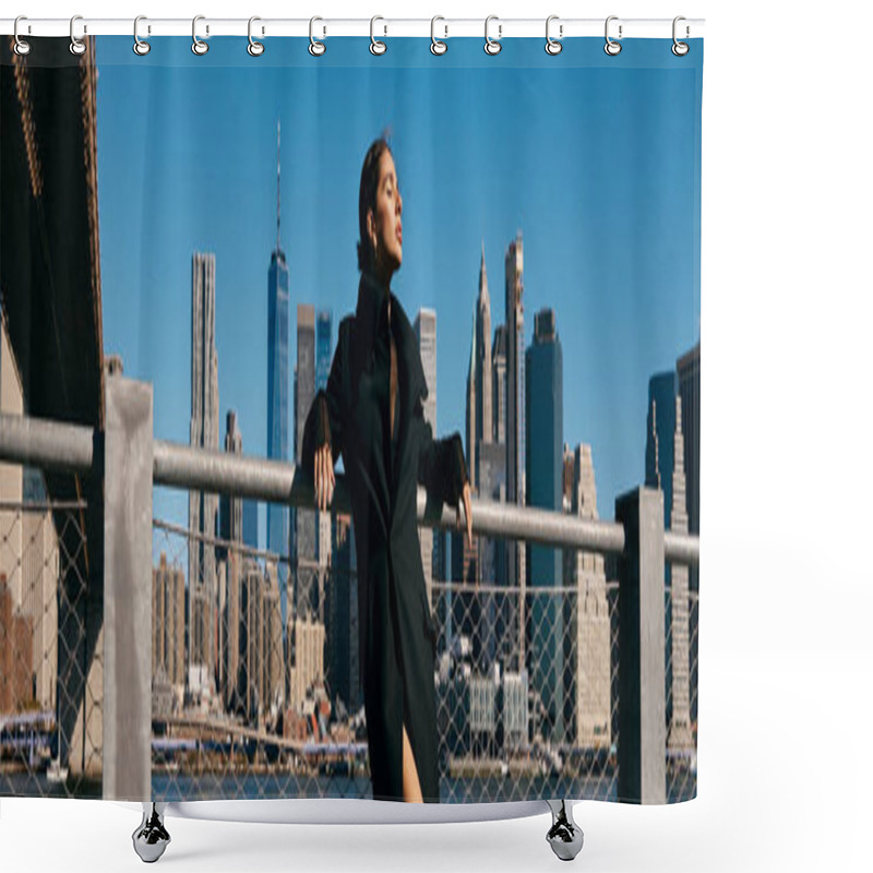 Personality  A Young Woman Dances On The Brooklyn Bridge, Facing The Manhattan Skyline. Shower Curtains