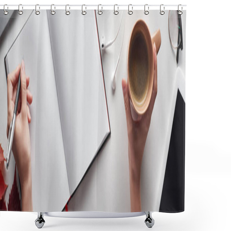 Personality  Partial View Of Woman Holding Cup Of Coffee And Pen Near Notebook, Earphones, Digital Tablet, Glasses And Red Leaves On White Table, Panoramic Shot Shower Curtains