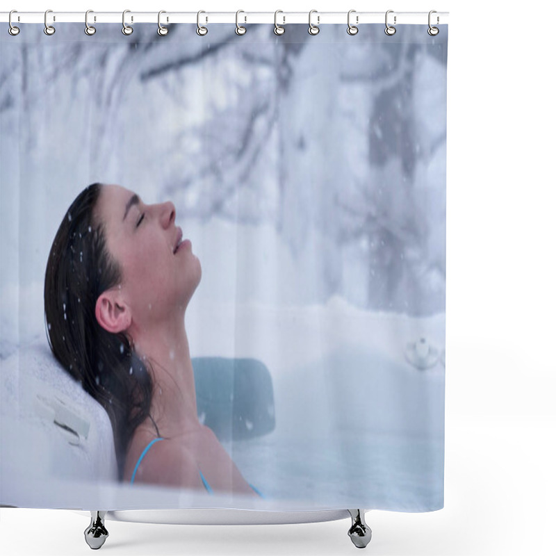 Personality  A Beautiful Woman In The Whirlpool Relaxes, Breathes Clean Air, And Is Happy  In The Middle Of Nature As The Snow Falls From The Sky. Concept Of: Relaxation, Nature, Wellness. Shower Curtains