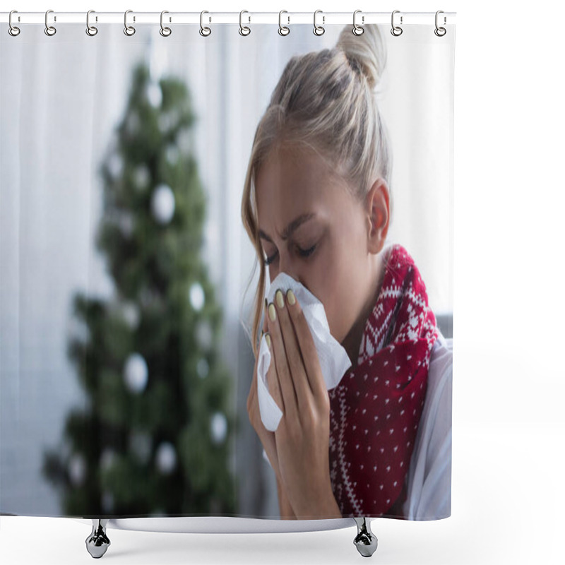 Personality  Sick Woman Sneezing In Paper Napkin Near Christmas Tree On Blurred Background Shower Curtains