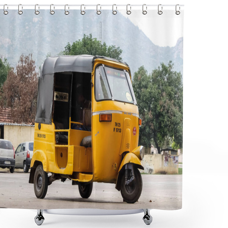 Personality  Tiruvannamalai, India - December, 20th, 2016. Rickshaw, Sleeps In His Car, Waiting For Passengers Near The Railway Station Shower Curtains