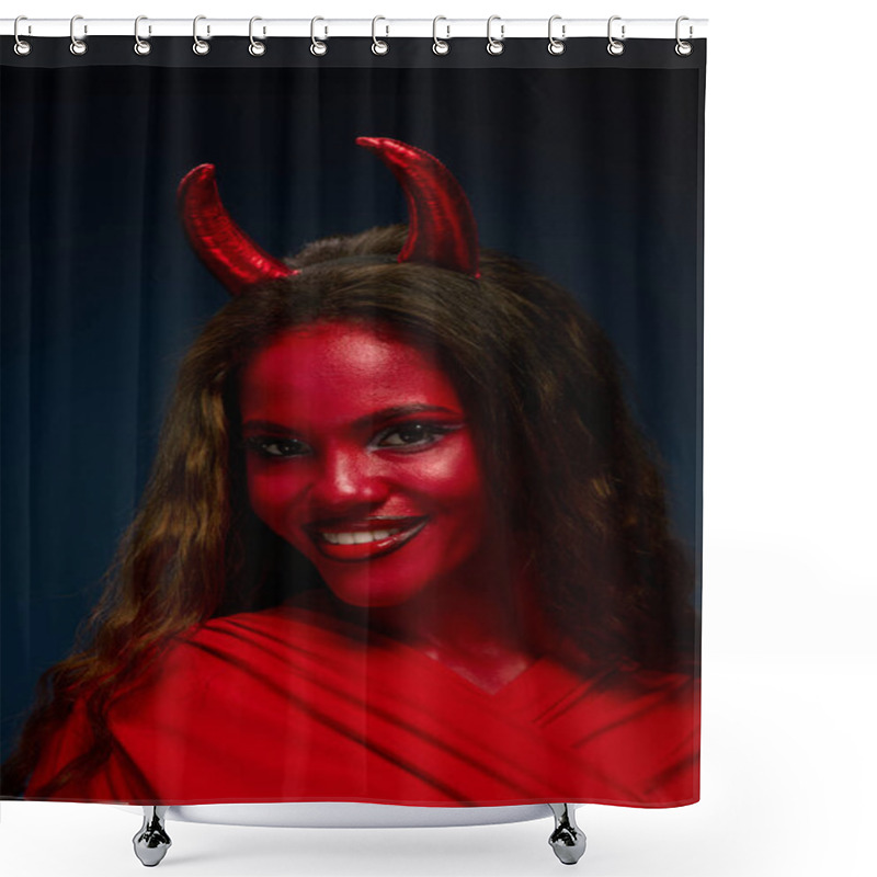 Personality  A Woman In A Striking Red Halloween Costume Shows Her Playful Spirit With Devil Horns. Shower Curtains