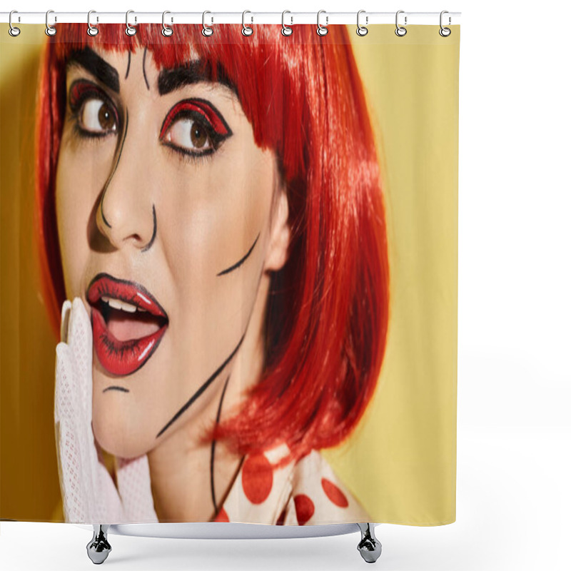 Personality  Close-up View Of A Pretty Redhead Woman With Creative Pop Art Makeup And Polka Dot Blouse On A Yellow Background. Shower Curtains