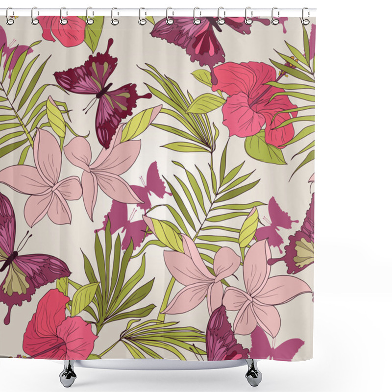 Personality  Seamless Pattern With Tropical Flowers, Palm Leaves And Butterflies Shower Curtains