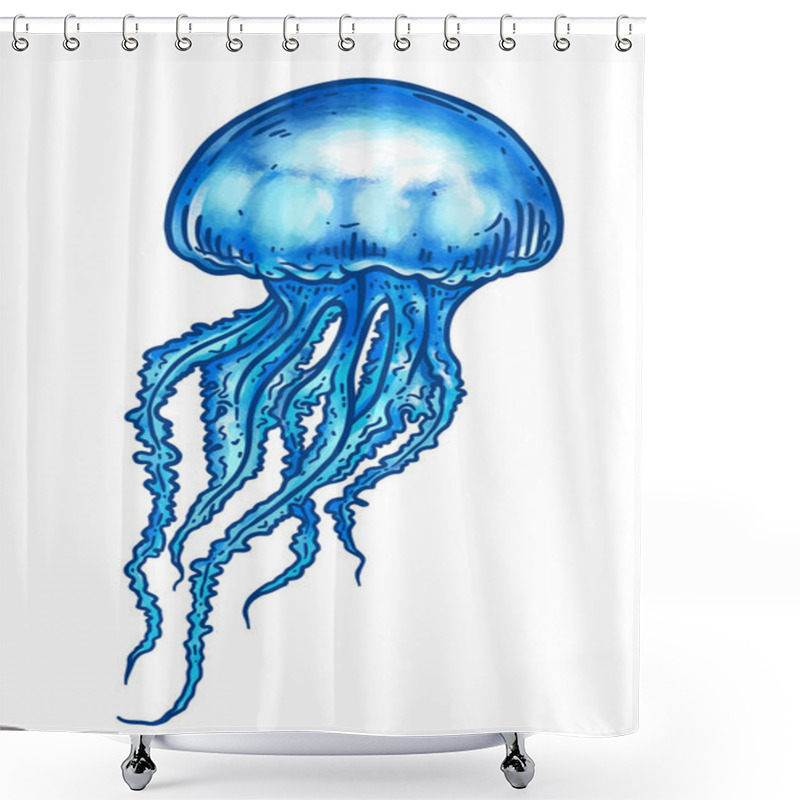 Personality  Hand Drawn Blue Jellyfish Isolated Over Whie. Medusa With Long Tentacles Line Art Vector Illustration. Sea Nature, Underwater Life Animal. Shower Curtains