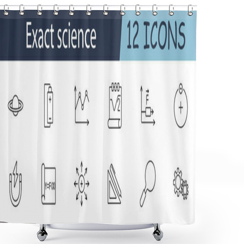 Personality  Exact Science Set Icon. Planet, Battery, Graph, Square Root, Force, Particle, Magnet, Function, Vector, Protractor, Magnifier, Gears. Scientific Concept. Vector Line Icon On White Background. Shower Curtains