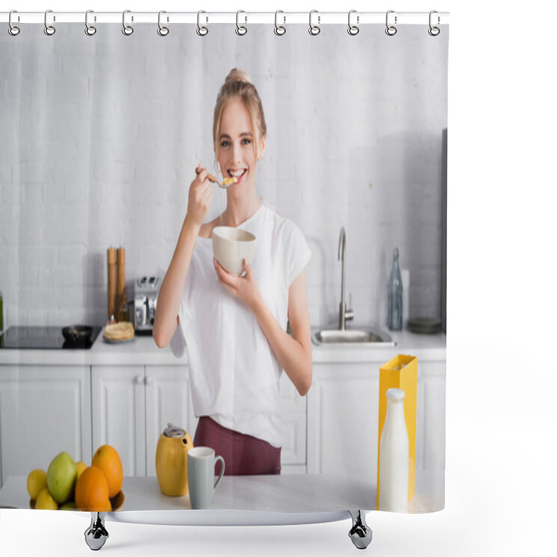 Personality  Happy Blonde Woman Eating Cornflakes Near Table With Fruits, Teapot, And Bottle Of Milk Shower Curtains