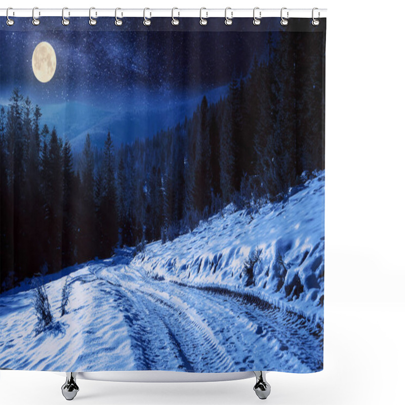 Personality  Carpathian Countryside On A Winter Night. Beautiful Mountainous Rural Landscape In Full Moon Light. Road Through Snow Covered Meadow Among Spruce Forest On The Hill Shower Curtains