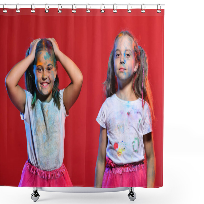 Personality  Kids With Ponytails Have Fun, Hold Hands Up. Shower Curtains