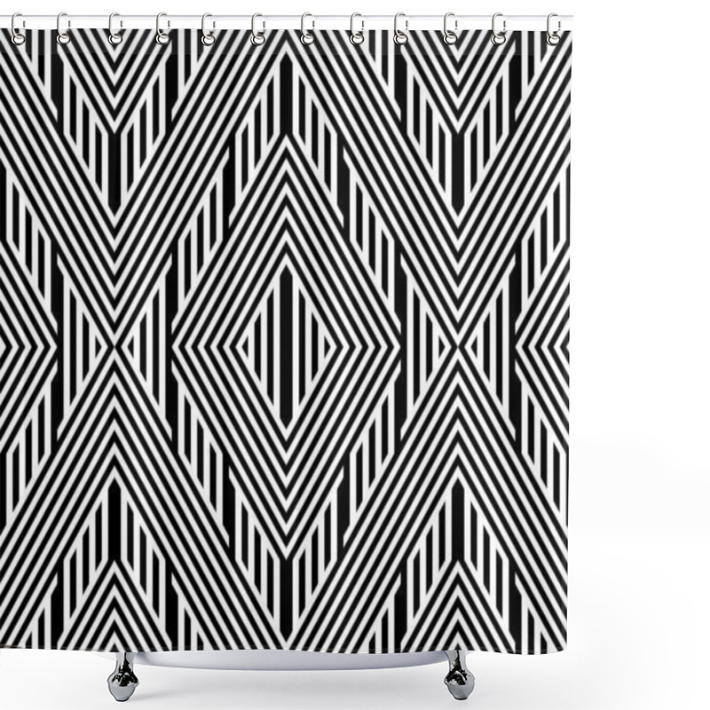 Personality  Seamless Pattern With Striped Black White Straight Lines And Diagonal Inclined Lines (zigzag, Chevron). Optical Illusion Effect, Op Art. Background For Cloth, Fabric, Textile, Tartan. Shower Curtains