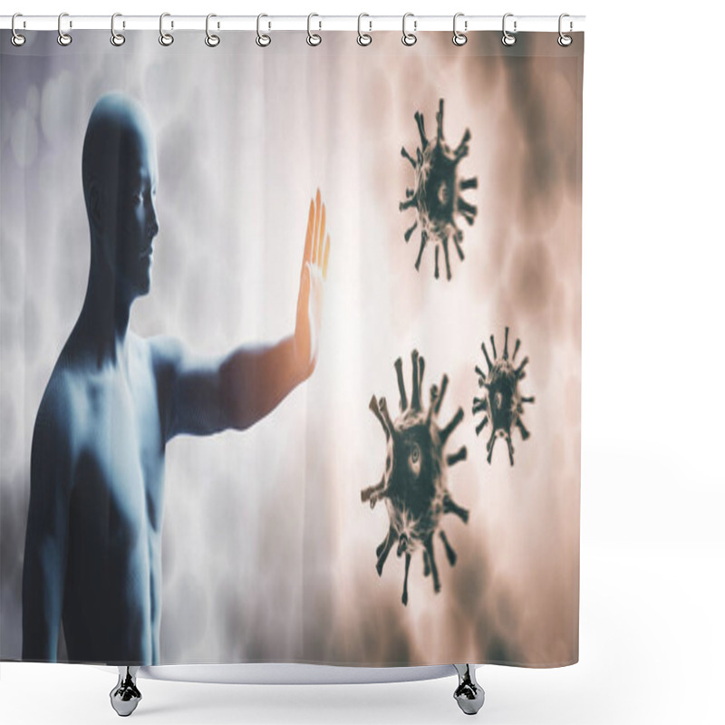 Personality  Man Stopping Coronavirus. Immune System Defend From Corona Virus COVID-19. 3D Render Shower Curtains