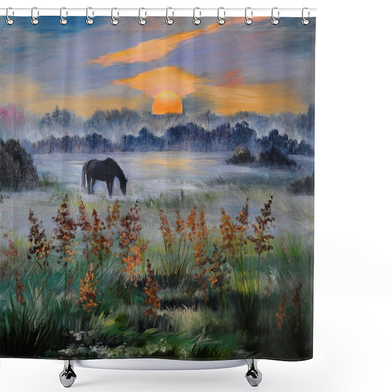 Personality  Oil Painting Of Field At Sunset, Art Work Shower Curtains