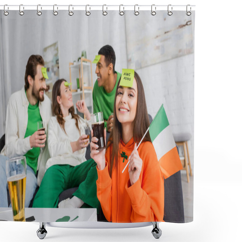 Personality  Happy Woman With King King Word On Sticky Note Holding Irish Flag And Glass Of Beer Near Interracial Friends On Saint Patrick Day Shower Curtains