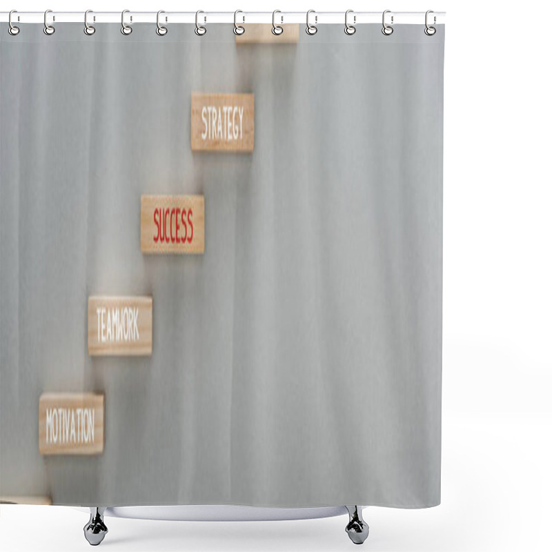 Personality  Panoramic Shot Of Wooden Blocks With Motivation, Teamwork, Success, Strategy Words On Grey Background, Business Concept Shower Curtains