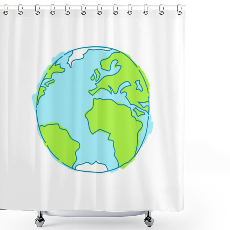 Personality  Hand Drawn Planet Earth. Global Map With Green Sketch Continents And Blue Blurred Oceans Geographic Doodle. Shower Curtains