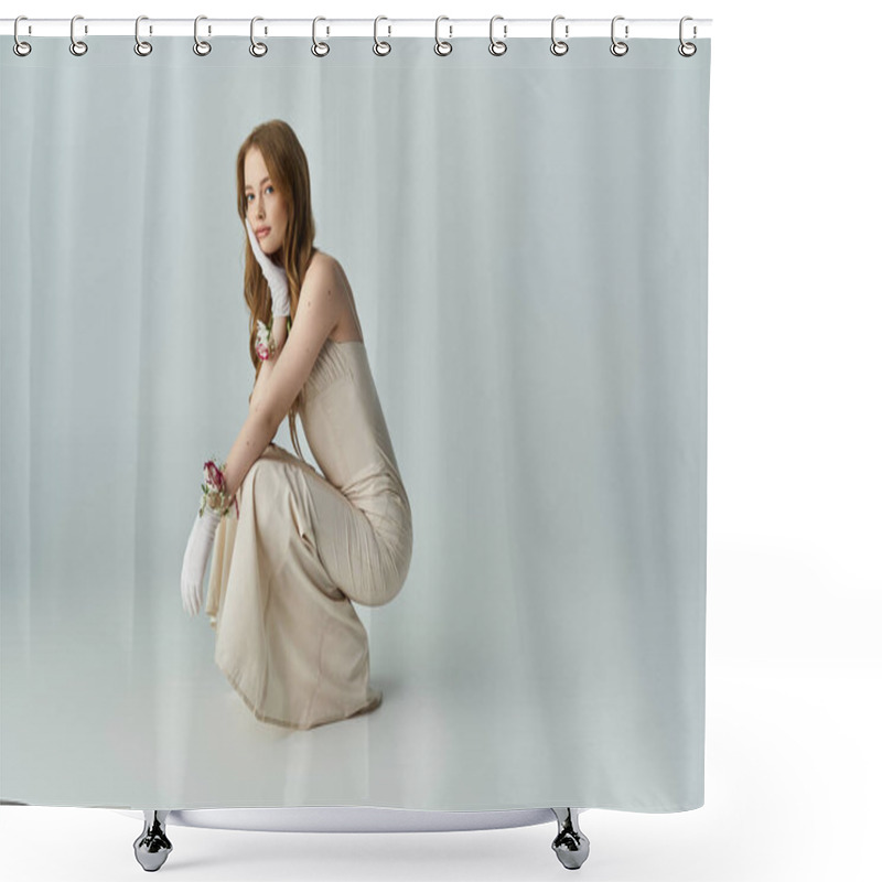 Personality  A Young Woman Crouches Elegantly, Adorned With Floral Accents And A Gentle Expression. Shower Curtains