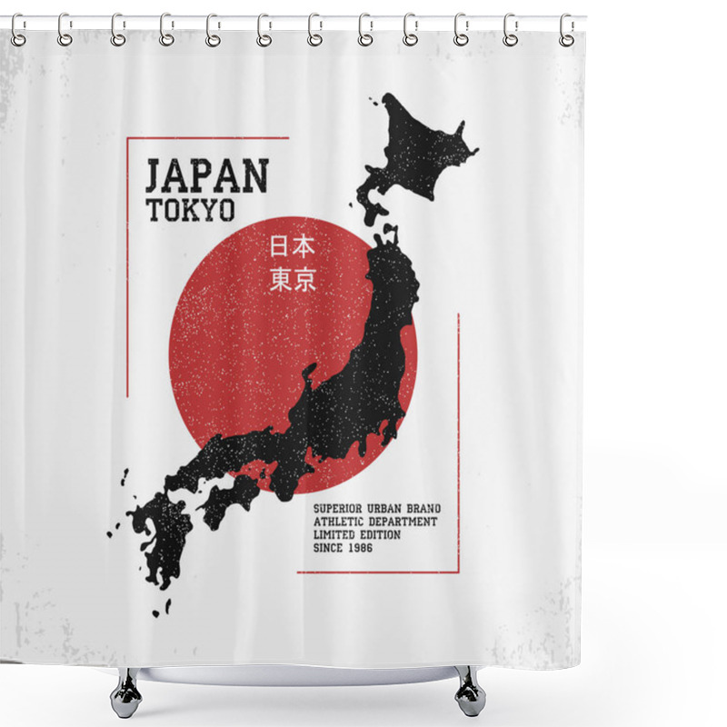 Personality  T Shirt Design With Japan Map. Typography Graphics For  Tee Shirt With Grunge And Inscription In Japanese With The Translation: Japan, Tokyo. Vector Illustration. Shower Curtains