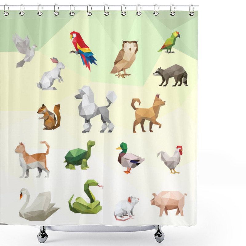 Personality  BIRD RABBIT OWL RACOON DOG POODLE CHIPMUNK CAT TURTLE DUCK CHICKEN SWAN SNAKE MOUSE RAT PIG ROOSTER ANIMAL PET LOW POLY LOGO ICON SYMBOL. TRIANGLE GEOMETRIC POLYGON Shower Curtains