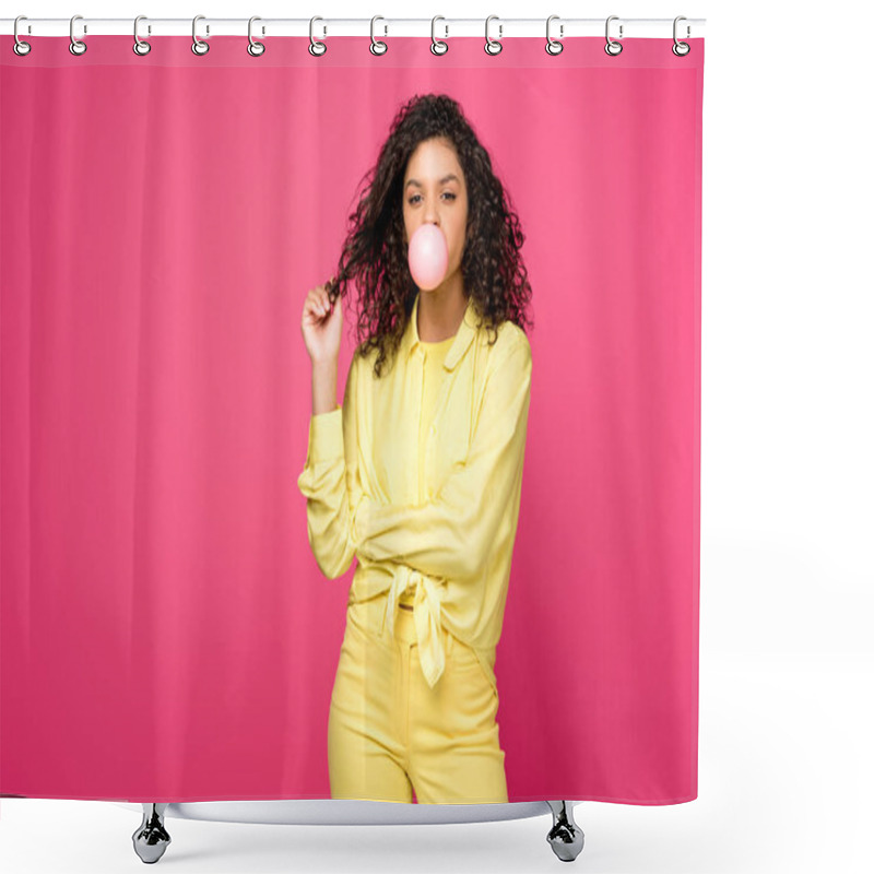 Personality  Attractive Curly African American Woman Blowing Bubble Gum And Touching Hair Isolated On Crimson  Shower Curtains