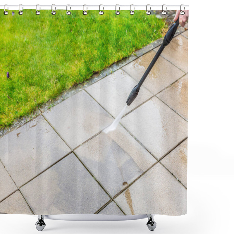 Personality  Detail Of Cleaning Terrace With High-pressure Water Blaster, Cleaning Dirty Paving Stones Shower Curtains