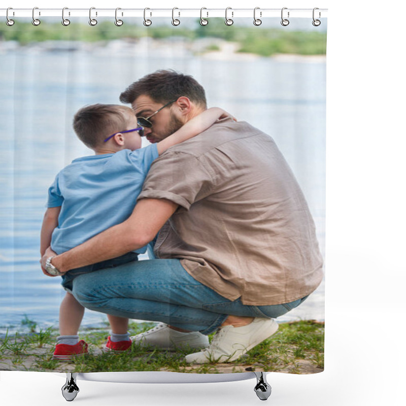 Personality  Father And Son Hugging And Touching With Noses Near River At Park Shower Curtains