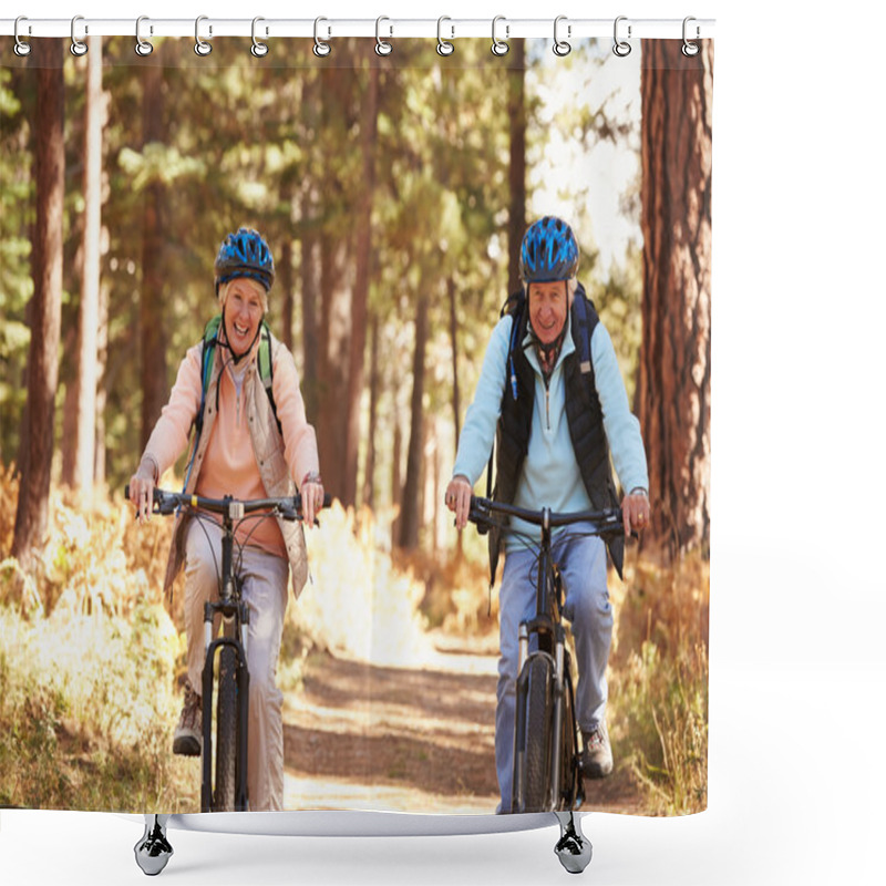 Personality  Senior Couple Cycling On Forest Trail Shower Curtains