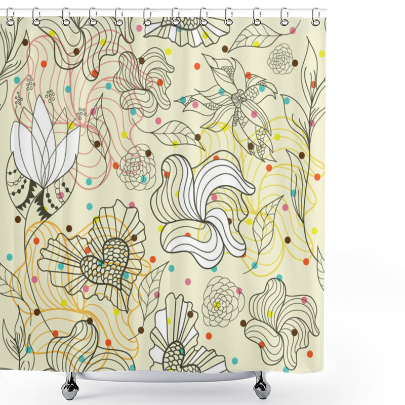 Personality  Abstract Seamless Doodle Flowers And Hearts Pattern With Dots Shower Curtains