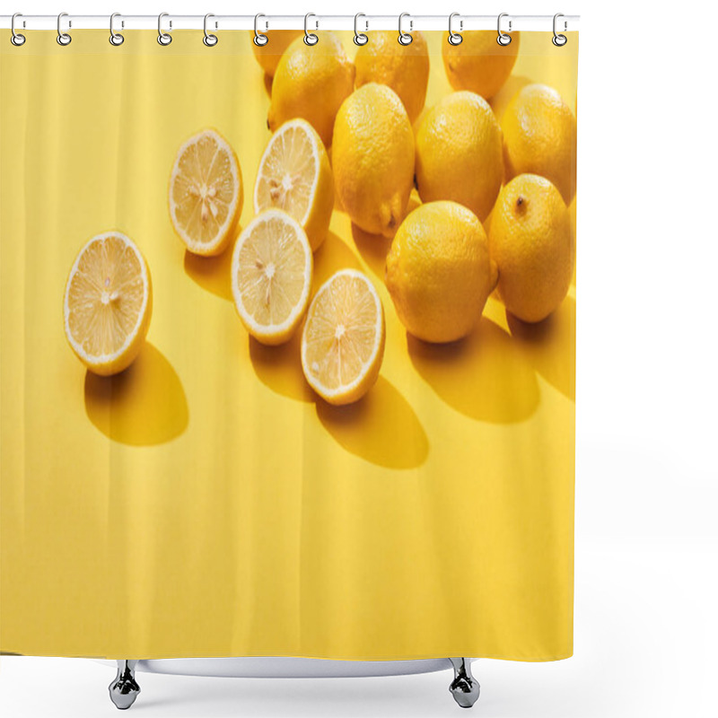 Personality  Ripe Cut And Whole Lemons On Yellow Background Shower Curtains