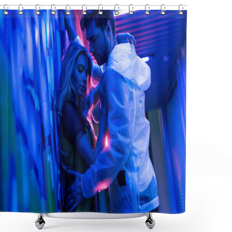 Personality  Attractive And Blonde Woman Hugging With Handsome Man Near Wall  Shower Curtains