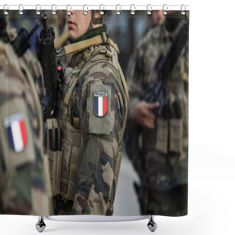 Personality  Bucharest, Romania - December 1, 2023: Shallow Depth Of Field Image With Details Of A French Soldier In Uniform During The Romanian National Day Military Parade. Shower Curtains