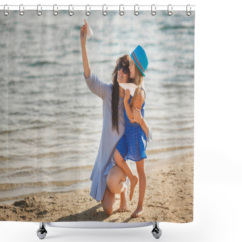 Personality  Young Mother With Daughter Playing With Paper Planes On Beach Shower Curtains